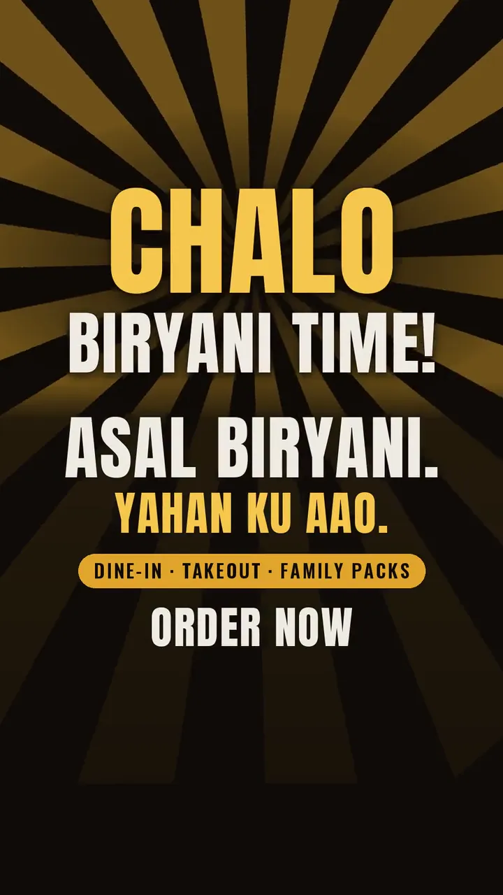 Sound-on brand ad set to a catchy Hyderabadi Dakhni hook: everyone calls it biryani, but this is the real thing. Steaming dum biryani, Chicken 65 and thalis, ending with dine-in, takeout and family packs.