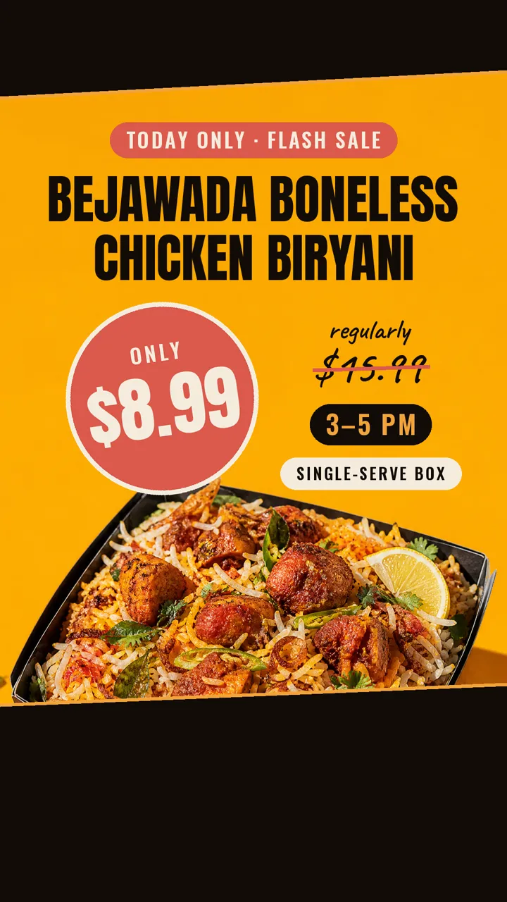 Bright, fast-cut flash sale with a ticking clock: Bejawada boneless chicken biryani for $8.99 (regularly $15.99), one box, one person, 3 to 5 PM only.