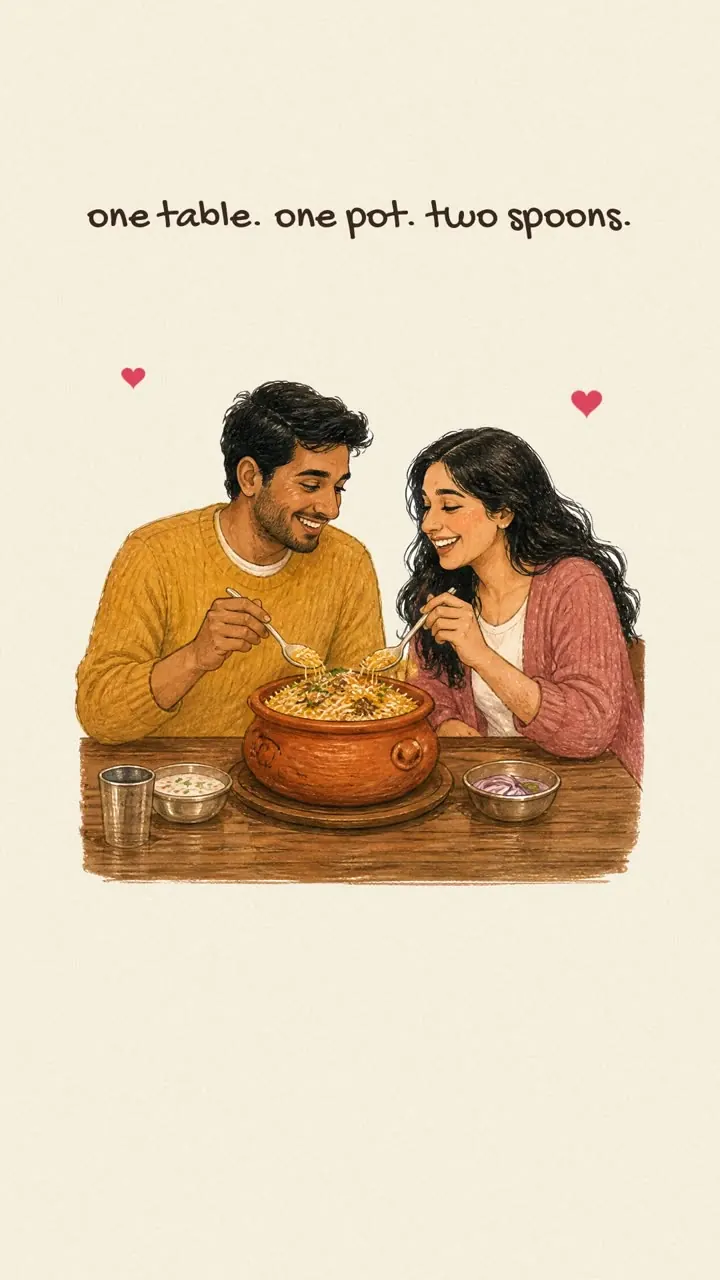 Illustrated love story: two strangers bond over Hyderabadi dum biryani and, a year later, share the same table as a family of three.