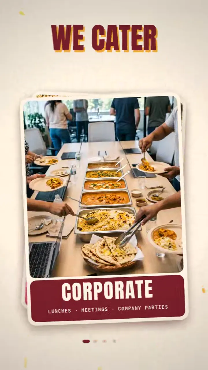 Festive catering ad for corporate events, weddings, private parties and holidays: big trays of biryani and curries, no minimum order, delivery available.