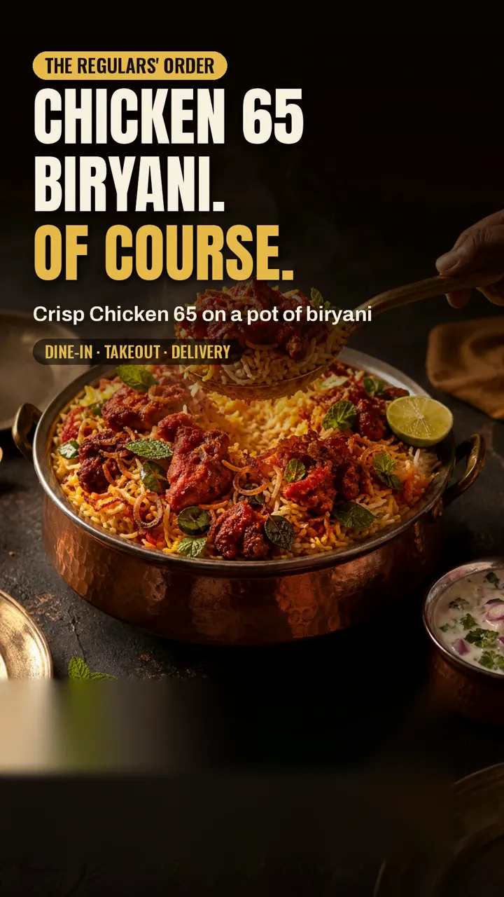The regulars' order: crisp Chicken 65 piled on a pot of biryani, for dine-in, takeout or delivery.