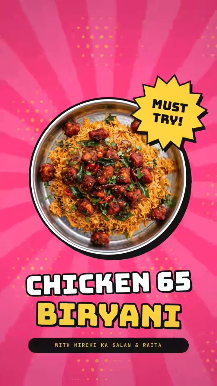 Comic-book pop-art reel: crispy, fiery Chicken 65 piled on dum biryani with mirchi ka salan and raita. Must try.