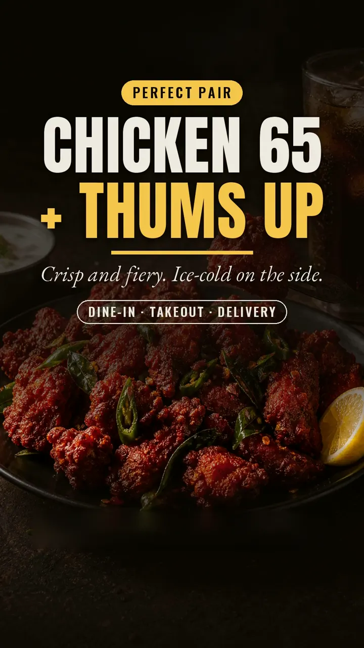 Perfect-pair post: crisp, fiery Chicken 65 with an ice-cold Thums Up on the side.