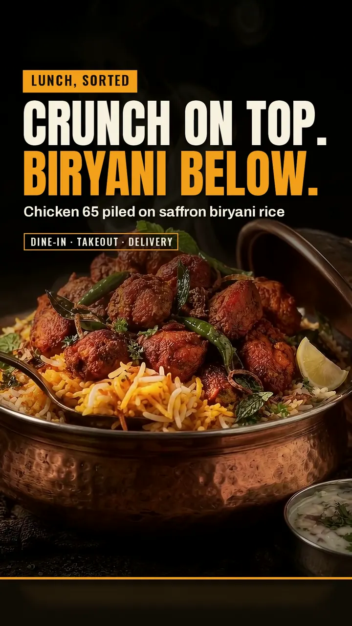 Lunch, sorted: Chicken 65 piled on saffron biryani rice.