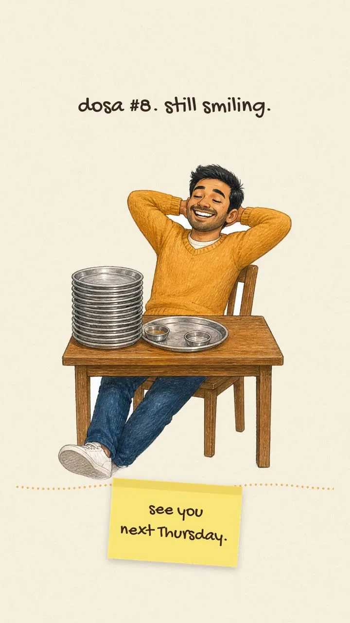 Illustrated story promoting an unlimited dosa night every Thursday, with masala, Mysore masala and butter chicken dosas.