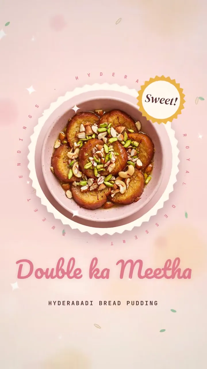 Soft pink dessert reel for double ka meetha, the royal Hyderabadi bread pudding with saffron, cardamom, almonds and pistachios.