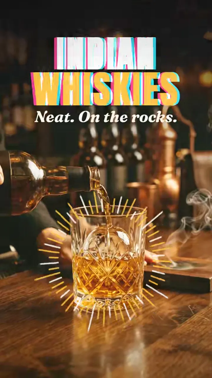 Neon nightlife reel: ice-cold Indian beers, Indian whiskies neat or on the rocks, plus Thums Up, Goli Soda, lassi and US favourites.