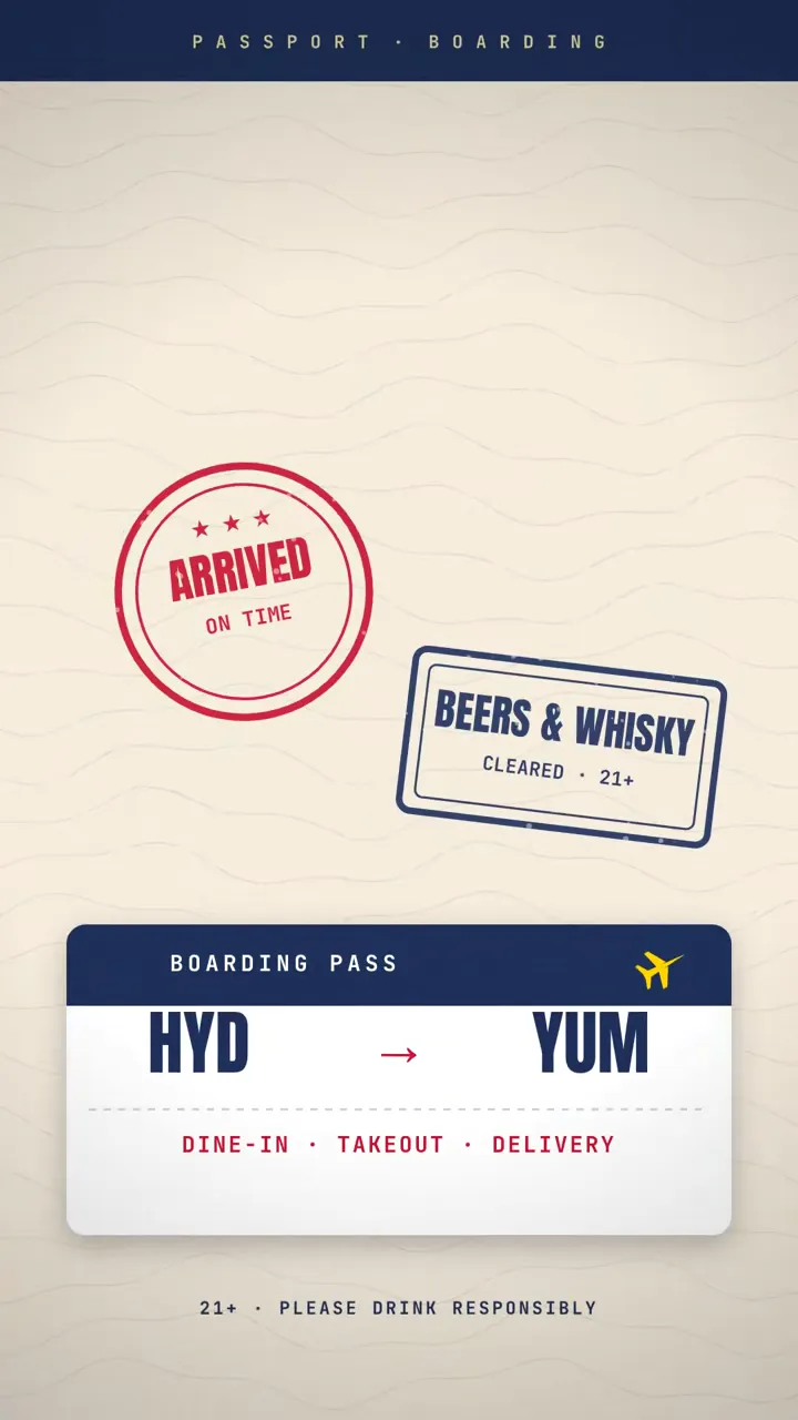 Airport departures-board theme: Gate 1 Indian beers, Gate 2 Indian whisky, Gate 3 biryani with a cold one, ending on a HYD to YUM boarding pass.