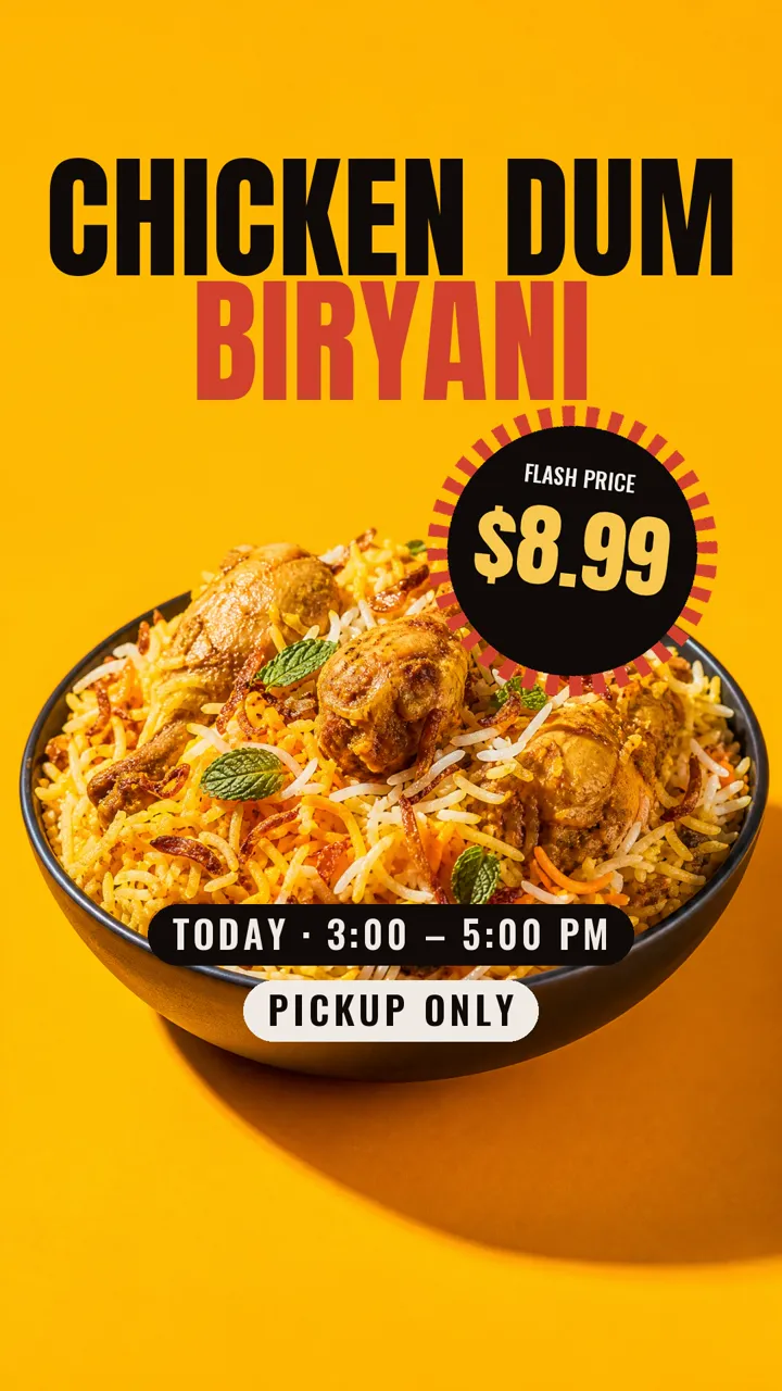 Pop-art flash sale: chicken dum biryani fresh off the dum for $8.99, today from 3 to 5 PM, pickup only.