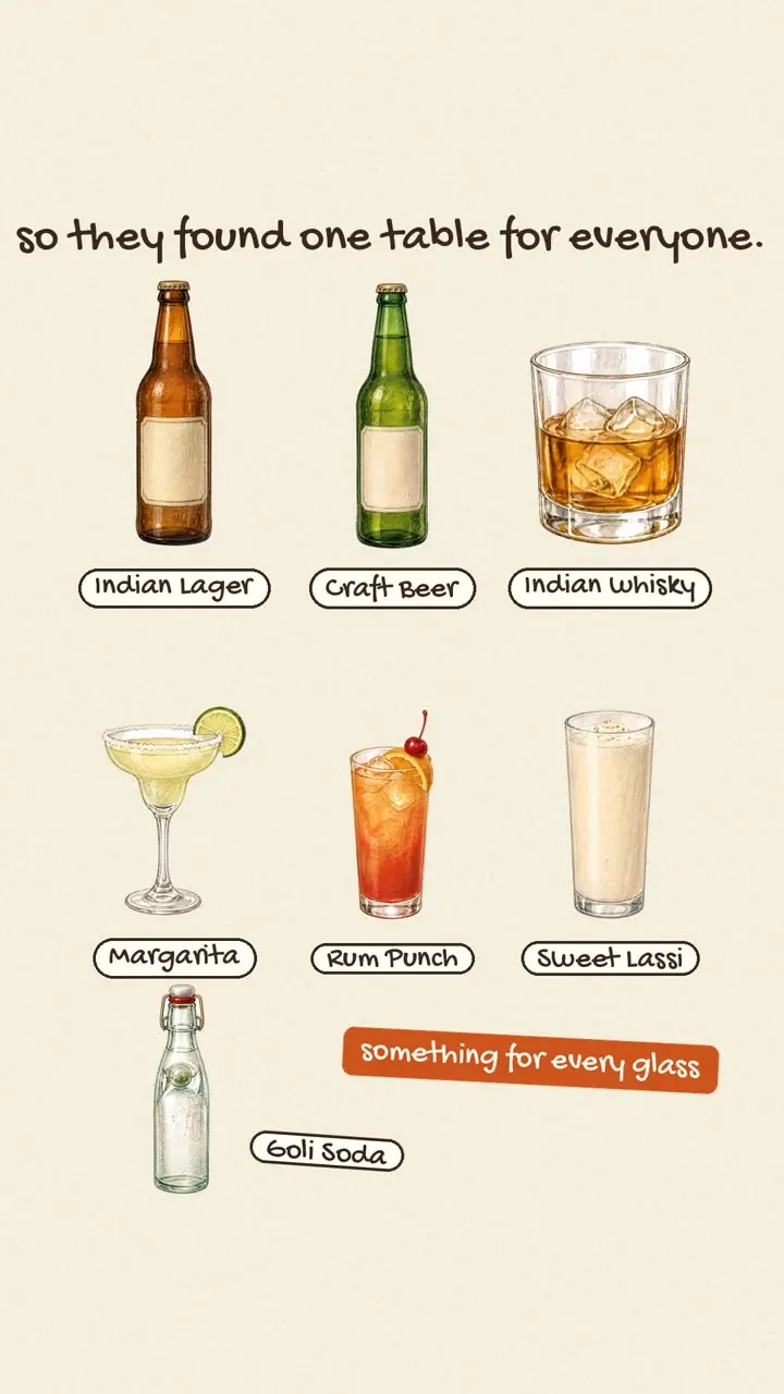Illustrated story for a restaurant bar: Indian lager, craft beer, Indian whisky, margaritas, rum punch, sweet lassi and goli soda, so every friend gets their drink.