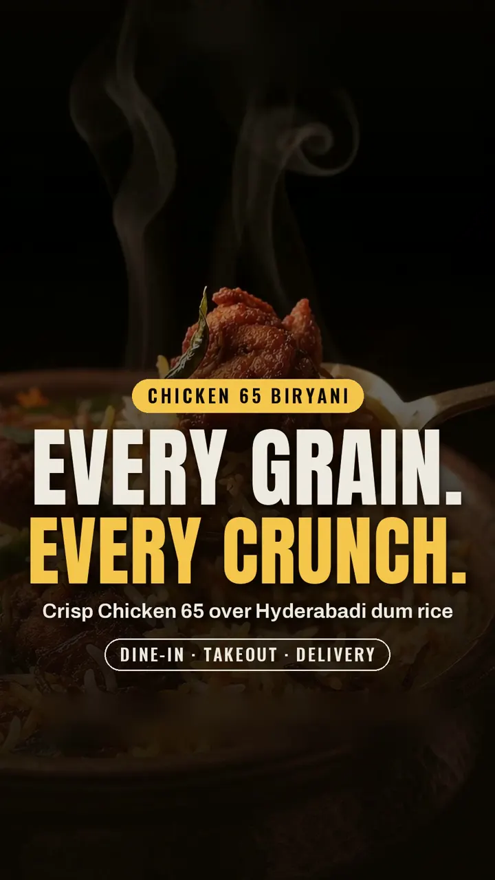 Chicken 65 biryani: crisp Chicken 65 over Hyderabadi dum rice.
