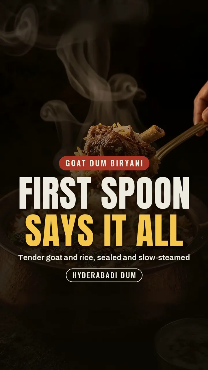 Goat dum biryani: tender goat and rice, sealed and slow-steamed, served steaming from the pot.