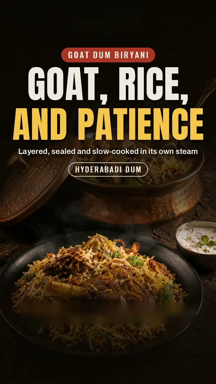 Goat dum biryani, layered, sealed and slow-cooked in its own steam, then served.