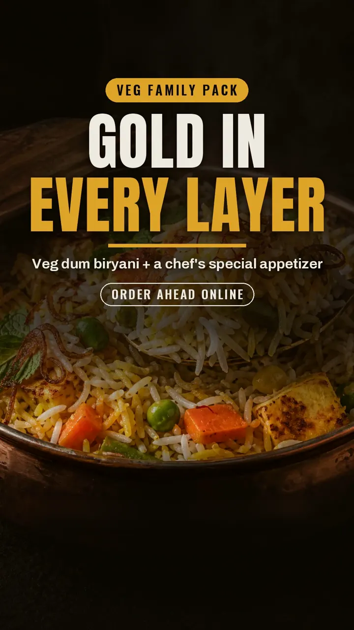 Veg family pack: veg dum biryani plus the chef's special appetizer, to order ahead online.