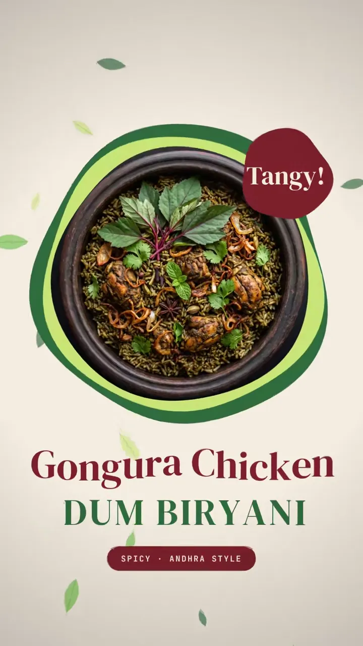 Tangy, spicy, Andhra-style gongura chicken dum biryani made with the sour gongura leaf.