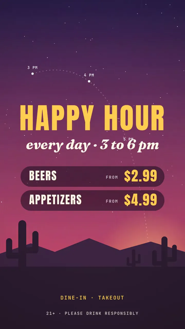 Desert-sunset happy hour reel: beers from $2.99 and appetizers like samosas from $4.99, every day from 3 to 6 PM.