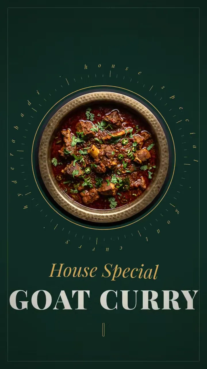 Elegant emerald-and-gold reel for a Hyderabadi slow-simmered goat curry: tender, rich, unhurried, best with fresh naan.