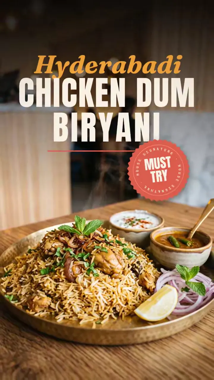 Warm, cinematic dish reel: saffron, cardamom, star anise and mace layered by hand, the pot sealed and slow-cooked on dum, every grain separate.