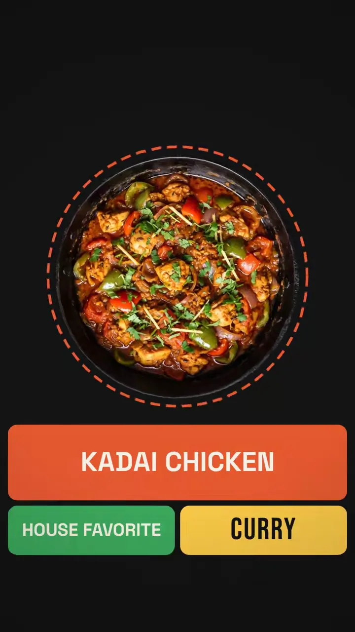 Bold poster-style reel for a house-favourite kadai chicken: peppers, onions and masala tossed in an iron kadai.