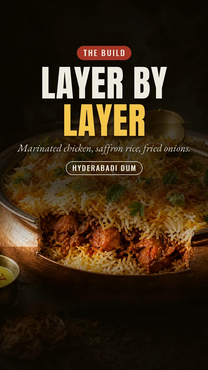 The build of a Hyderabadi dum biryani: marinated chicken, saffron rice and fried onions.