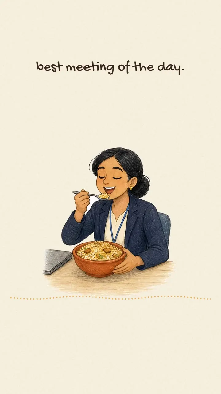 Illustrated story for office lunch combos in veg, chicken, goat and shrimp: skip the sad desk salad for a five-minute walk to biryani.