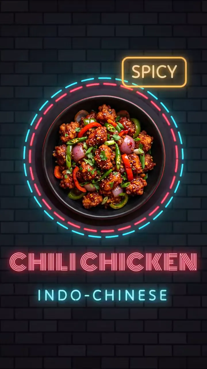 Neon street-food reel for Indo-Chinese chili chicken, wok-tossed and stir-fried on a high flame with peppers, chillies and onions.