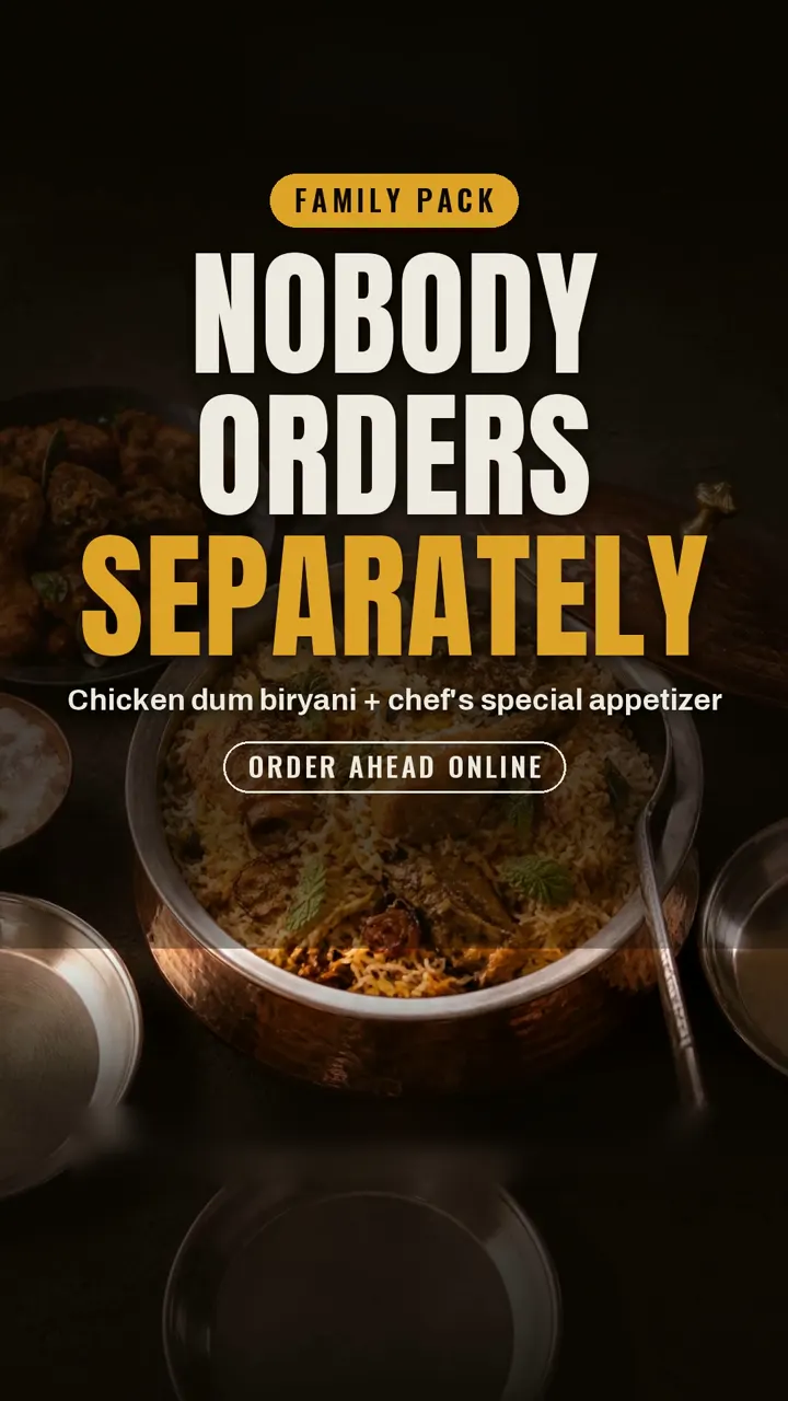Family pack: chicken dum biryani plus the chef's special appetizer, to order ahead online.