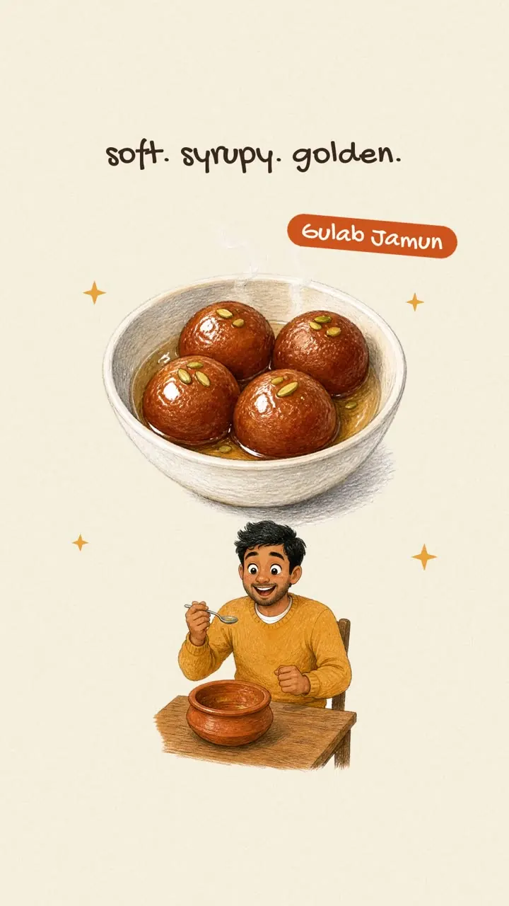 Illustrated story about always finding room for warm gulab jamun and chai after a full biryani meal.