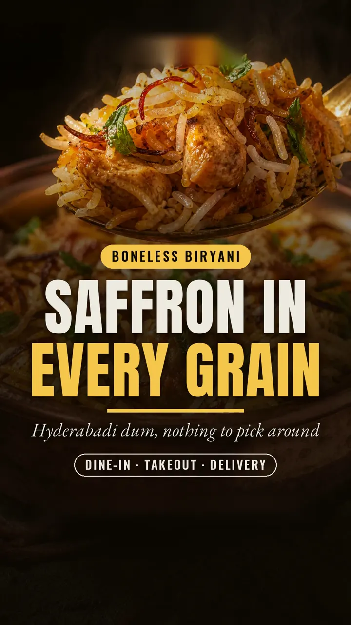 Boneless Hyderabadi dum biryani with saffron through every grain and nothing to pick around.