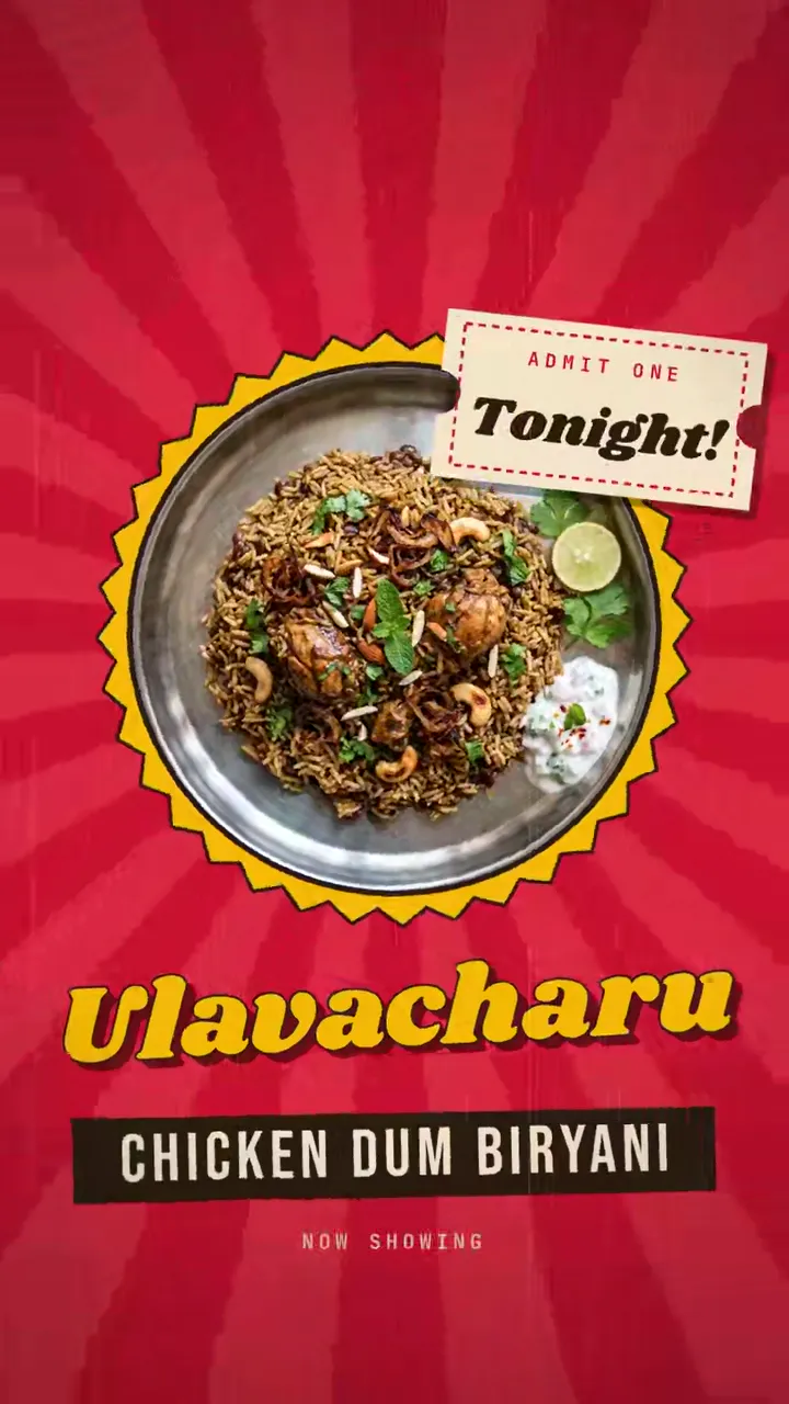 Movie-poster styled Andhra special: horse gram (ulavacharu) and tender chicken in an earthy, rich, bold dum biryani. Now showing.