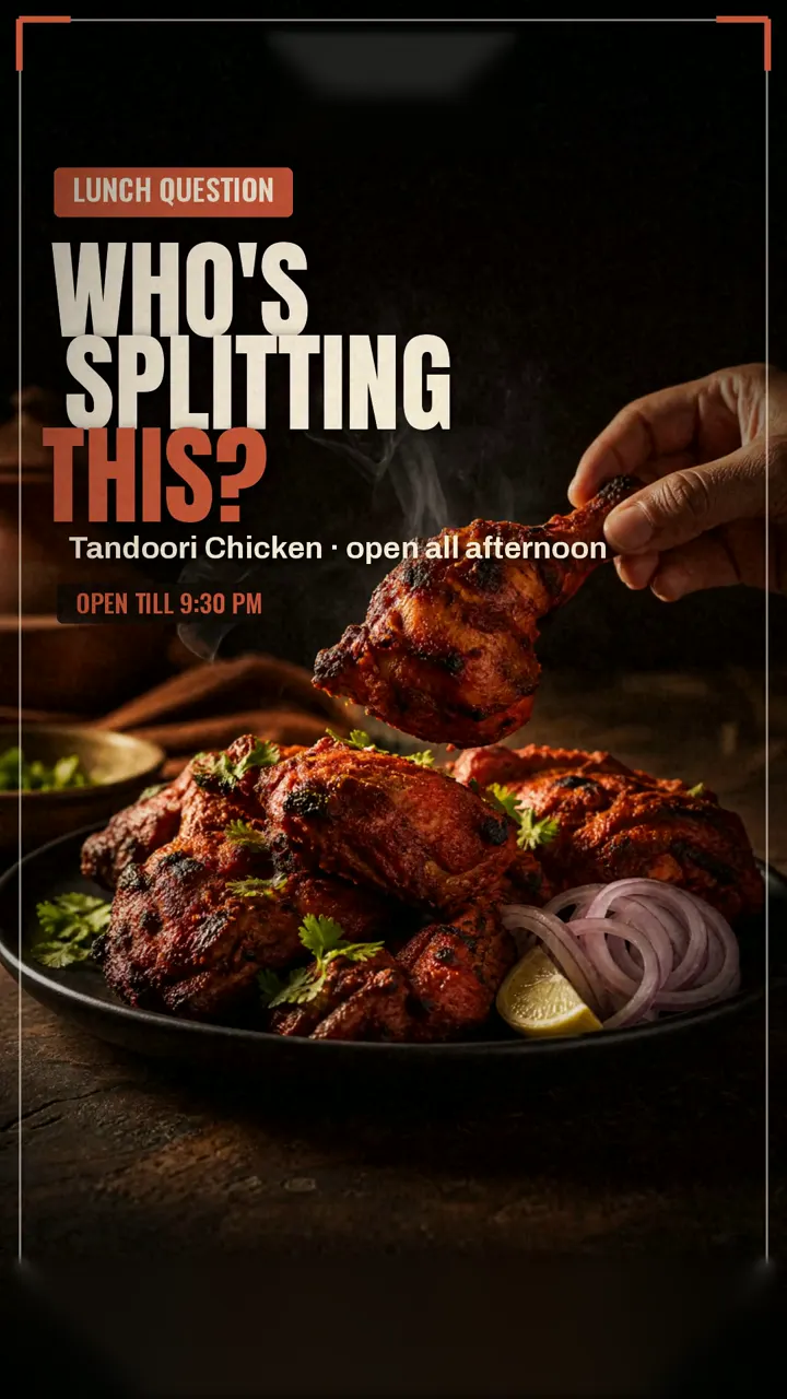 Tandoori chicken charred at the edges, made for sharing and paired with biryani, served all afternoon.